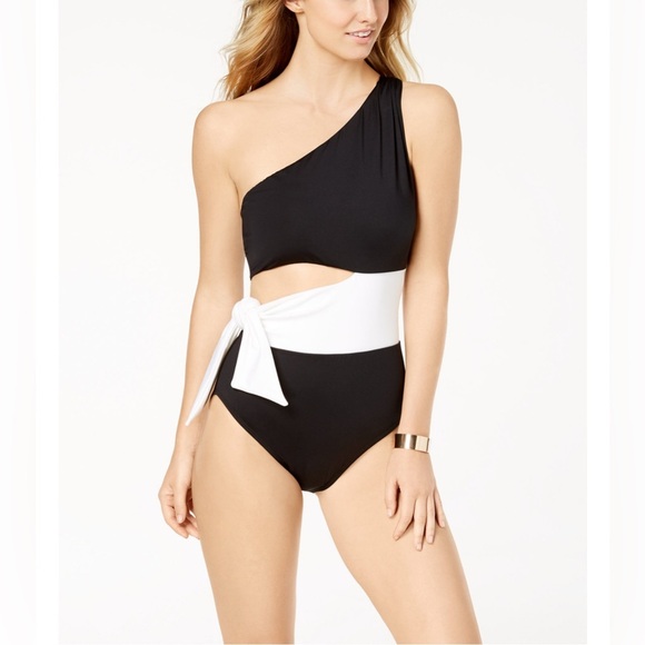 Lauren Ralph Lauren Bel Aire Cutout One-Shoulder One Piece Swimsuit black SZ 14 - Picture 1 of 10